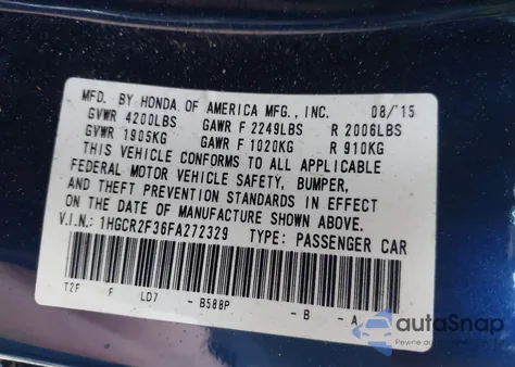 2015 Honda Accord Lx z USA, uszkodzony, nr VIN 1HGCR2F36FA272329